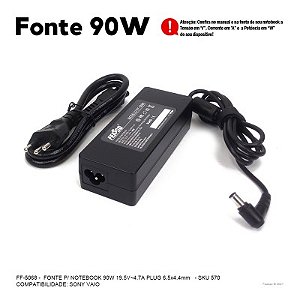 Fonte P/ Notebook 90W 19.5v 4.7A Plug6, 5x4.4 FF-5068