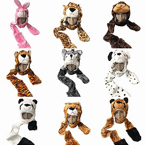 Touca Inverno Pelúcia Gorro Cachecol Animais Bichinho Infantil Juvenil Protetor de Mão para Frio