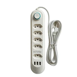 Extensor De Tomadas e Carregamento 5 Portas  3 USB  2 Metros Cabo ST-871 Mantenha Tudo Conectado Starmega