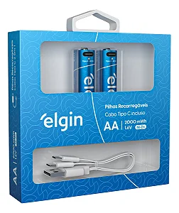 2 Pilhas Recarregável AA Tipo C Com Cabo 2000mah Elgin PILHA-2000