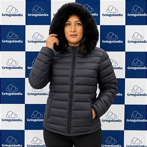 Casaco Feminino Puffer Acolchoado com Capuz Peluciado l – Impermeável, Quente e Elegante  F-91