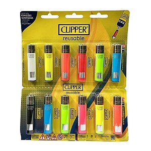 Cartela C/12 Isqueiro Clipper Grande Model:Colorido