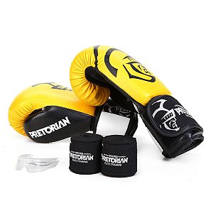 Kit Luva de Boxe/Muay Thai Pretorian Elite + Bandagem + Protetor Bucal - Amarelo e Preto