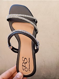 Sandália Rasteira Patrícia Santos Preto Strass Calce Fácil
