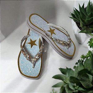 Chinelo Alto Branco Ouro Estrela com Strass Cascata