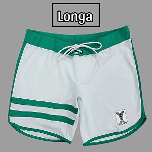 Bermuda Men's Physique Longa Branca com Esmeralda e Listras