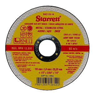 Disco de Corte 115 4.1/2" X 1.0 X 22.23 Inox Starrett