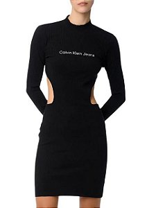 Calvin Klein Vestido Canelado Abertura Cintura e Costa Preto VM275
