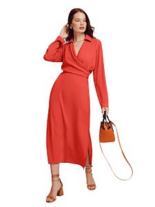 Morena Rosa Vestido Midi Decote V Amarração Cintura Coral 116866