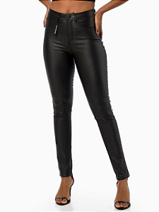 Calvin Klein Calça Jeans Feminina Bengaline Justa Etiqueta de Couro Preto CKJF401