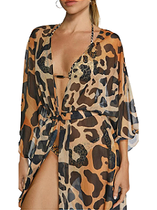 Morena Rosa Kaftan Longo Amarração Frontal Dourado Animal Print 201056