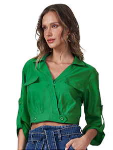 Monnari Camisa Cropped com Transpasse Feminina Verde Bandeira YP3161