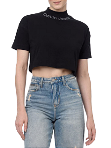Calvin Klein Camiseta Fem Cropped Silk Logo Gola | Preta Bc930