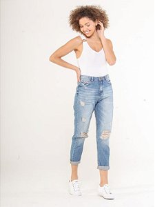 Morena Rosa Calça Wide Cós Alto com Termocolante Jeans 205880