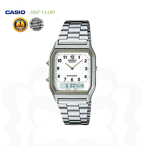 Relógio Casio Analógico Numeral Prata Fundo Branco AQ-230A-7BMQ