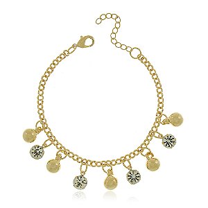 Pulseira Banhada Elos com Pingentes de Bolinhas e Pontos de Luz Alternados