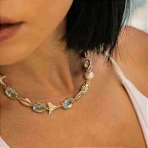 Colar Banhado Fundo do Mar Pedra Oval Azul Turquesa com Pérola