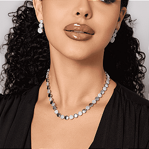 Cordão Ródio Branco com Bolas Alternadas Lisas e com Zircônia