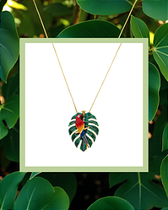 Cordão Banhado Floral Costela de Adão com Arara Resinados
