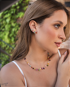 Brinco Flor Cinco Pétalas com Zircônias Coloridas Media