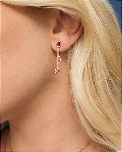 Brinco Pendente 3 Gotas Zircônias Rosa Pink
