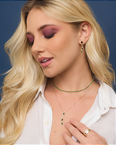 Colar Gravatinha 3 Gotas Zircônias Verde Esmeralda