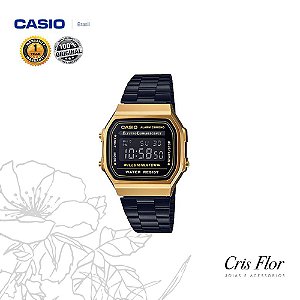 Relógio Casio Preto com Detalhe Dourados na Caixa A168WEGB-1BDF