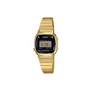 Relógio Casio Mini Dourado Fundo Preto Diamond LA670WGAD-1DF
