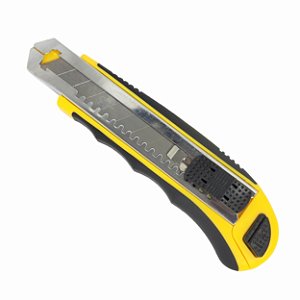 ESTILETE DE PLASTICO COM CABO EMBORRACHADO E GUIA METÁLICO 8 LÂMINA DE 18MM