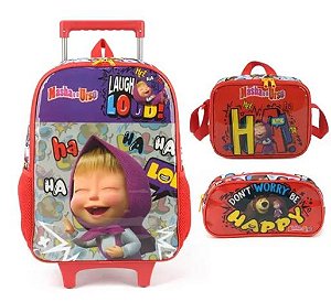 MOCHILA MASHA AND THE BEAR COM RODA+ESTOJO+LANCHEIRA