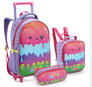 KIT MOCHILA DE RODINHAS COM LANCHEIRA E ESTOJO SLIME SEANITE