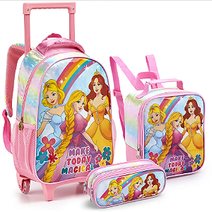 MOCHILA DE RODINHA PRINCESAS MR41460 + ESTOJO E LANCHEIRA