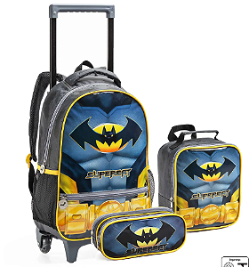 MOCHILA DE RODINHA BATMAN C/ ESTOJO E LANCHEIRA MR40490