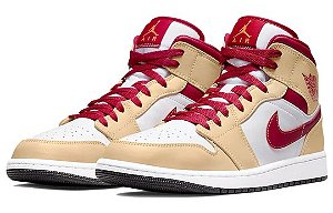 TÊNIS NIKE AIR JORDAN 1 MID LIGHT CURRY CARDINAL RED (COMPLETO)