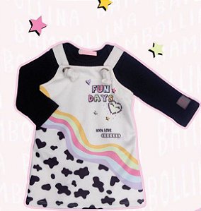 CONJUNTO SALOPETE E BODY MENINA VAQUINHA PRETO BAMBOLLINA