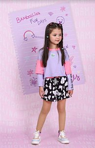 CONJUNTO BLUSA LILAS/ROSA BLN SHORTS ESTAMPA VAQUINHA BAMBOLLINA