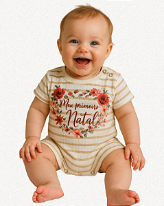 MACACAO BEBE MEU PRIMEIRO NATAL COM LISTRAS DOURADAS E FLORES