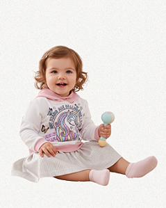 VESTIDO INFANTIL COM CAPUZ E ESTAMPA DE UNICORNIO