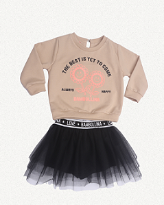 CONJUNTO INFANTIL MOLETOM BEGE COM SAIA DE TULE PRETO