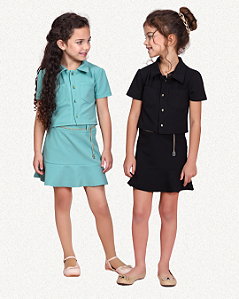 CONJUNTO INFANTIL FASHION SAIA COM CORRENTE E CROPPED MALHA SCUBA PREMIUM