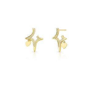 BRINCO ESTRELA 4 PONTAS ZIRCONIAS VAZADO BAN. DOURADO