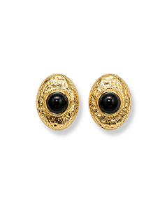 BRINCO PEQUENO OVAL FOSCO TRABALHADO RESINA PRETO C/ DOURADO