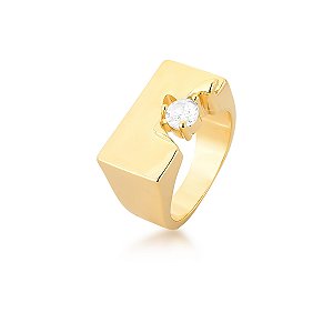 ANEL RETANGULAR LISO COM DETALHE VAZADO E ZIRCONIA BAN. DOURADO