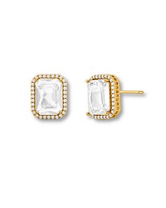BRINCO RETANGULAR PEDRA INCOLOR 4 GARRAS E CONTORNO ZIRCONIA BAN. DOURADO