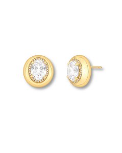 BRINCO REDONDO PEDRA OVAL 4 GARRA COM CONTORNO ZIRCONIA BAN. DOURADO