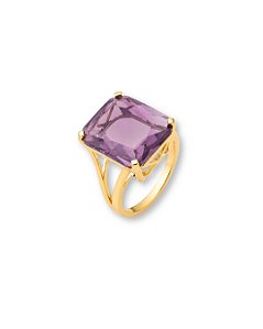 ANEL PEDRA RETANGULAR ROXO ESCURO LATERAL VAZADA BAN. DOURADO TAM. 18