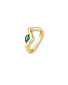 ANEL ORGANICO CURVO PEDRA NAVETE VERDE ESCURO SEMI JOIA BAN. DOURADO /TAM. 22