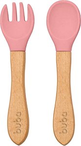 Kit Talheres Silicone E Bambu - Rosa - Buba