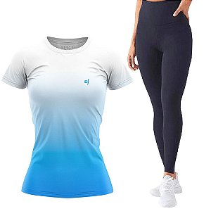 Kit Camiseta fitness Azul Branco e Calça Legging