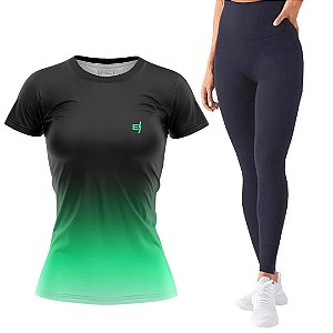 Kit Camiseta Fitness Preto Verde e Calça Legging